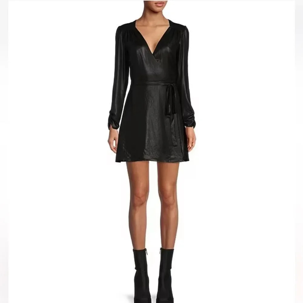 Gianni Bini Black Metallic V-Neck Long Sleeve A-Line Wrap Mini Dress size Small